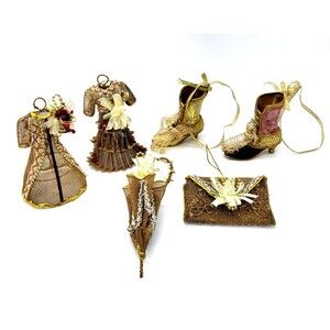 6 Ornaments Gold Wire Mesh Victorian Dresses Purse Umbrella Boots Kurt Adler?